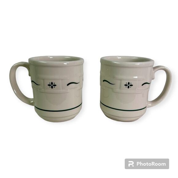 Longaberger Pottery VTG Set 2 Woven Traditions Heritage Green & Ivory Mugs READ - Picture 1 of 10